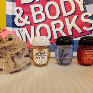 Bath & Body Works Pink Fuzzy Owl Keychain Pocket Bac Holder with 3 Hand Gels